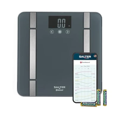Image of Salter SA00432GFEU6 Bathroom Smart Scale Bluetooth Digital Scale, 200kg, Measure Weight, Body Fat/Water, Muscle/Bone Mass, BMI/BMR, 8 User Memory, Connect to Phone with Free Health App, Grey