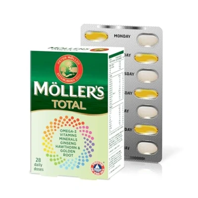 Image of Moller’s ® Möller&#039;s Total Complete Daily Supplement Nordic Omega 3 Dietary with EPA and DHA Broad Spectrum of Vitamins Minerals Ginseng, Hawthorn &amp; Golden Root 56 Capsules