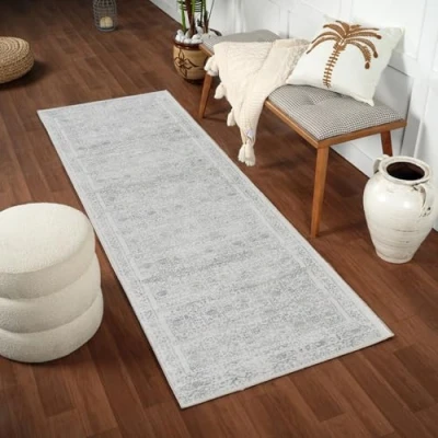 Image of Livabliss Palermo Vintage Rug Hallway Runner Rugs Living Room 80x220 cm Scandi Neutral Rug, Traditional Patterned Boho Style, Natural Easy Care Pile Runners, Ivory and Grey