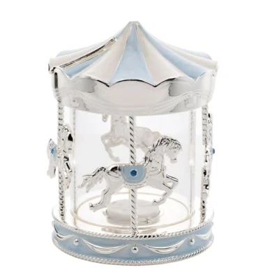 Image of Carousel Money Box 12.5cm Blue with Silver Plated Bank for New Baby or Christening Comes boxed 7022