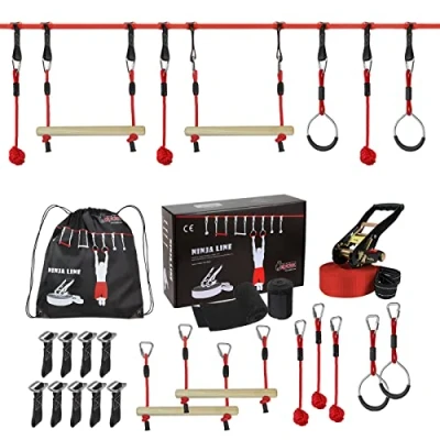 Image of ALPIDEX Ninja Line 15 m Parcours Youths Adults Slackline Set Rings Rope Knots