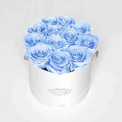 Image of A 100% Real Roses That Last Years Eternal Petals, Handmade in UK Dozen Roses, Round White Flower Box (Light Blue)