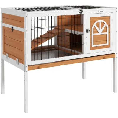 Image of PawHut Wooden Rabbit Hutch, Elevated Guinea Pig Cage w/Openable Roof, Ladder, Removable Tray, 90 x 53 87cm Yellow