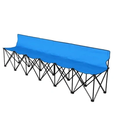 Image of Flexzion Portable Folding Bench Seat, 6 Seater, Collapsible Soccer Bench, Seats for Bleachers, Camping, Sideline, with Back Rest and Carrying Bag, Blue