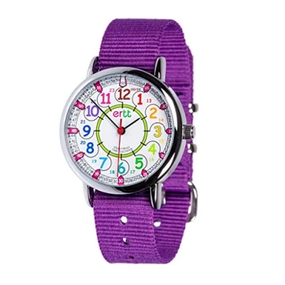 Image of EasyRead Time Teacher Watch Children For Kids Learn To Tell The 2 Step 12 24 Hr Face Analogue Easy Read Rainbow Dial Purple Strap
