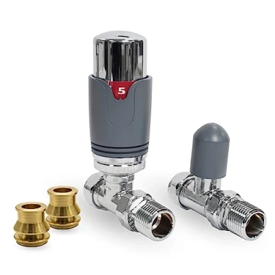 Image of Thermostatic TRV Straight Grey/Chrome Radiator Valves 1/2&quot; x 15mm with Brass Reducer Compression Valve to 10mm