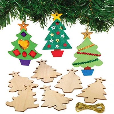 Image of Baker Ross AX425 Christmas Tree Wooden Decorations Pack of 12, Make Your Own and Ornaments, Great Crafts for Kids