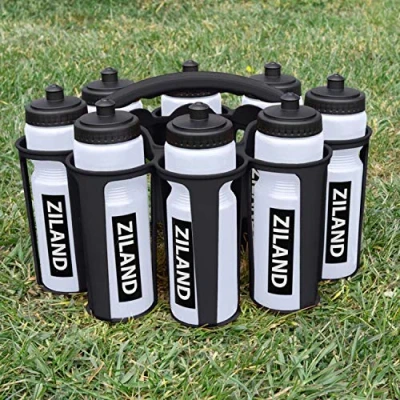 Image of Ziland Academy Easy Squeeze Water Bottle Set [8 x 700ml Bottles 1 Carrier] [Choose Your Colour] Designed for Sport Teams (Clear Black Carrier)