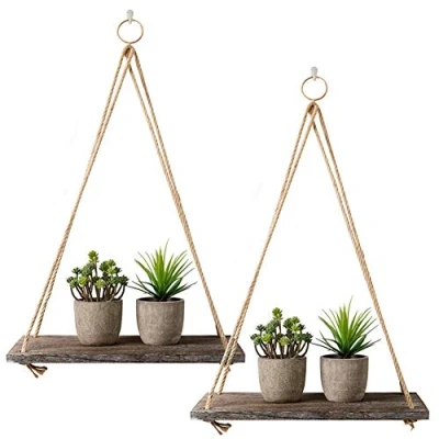 Image of Rustic Shelf 2Pcs Wooden Floating Shelves with String Rope Hanging Distressed Wood Wall Decor Swing Hooks for Living Room (Medium)