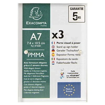 Image of Exacompta Ref 87458D Sign Holder with Magnetic Closure Suitable for A7 Paper, Made from PMMA (Acrylic) Material, Visible Both Sides Clear Transparent (Pack of 3)