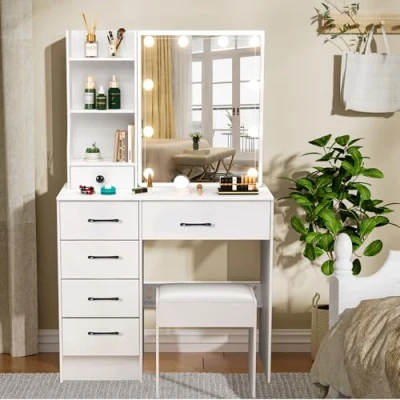 Image of Dressing Table with LED Lights &amp;Sliding Mirror Set,Vanity Makeup Desk 5 Drawers Cushioned Stool for Bedroom (Modern UK56)