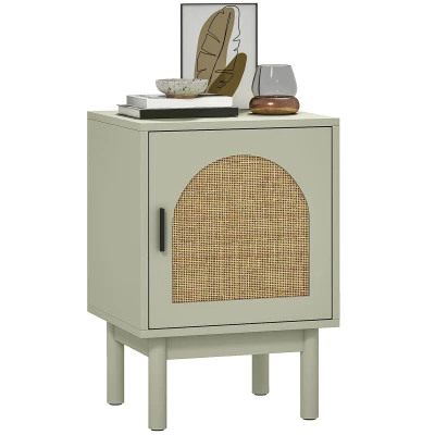 Image of HOMCOM Rattan Bedside Table, Boho Cabinet with Adjustable Shelf and Solid Wood Legs, Side Table for Living Room, Bedroom, Light Green