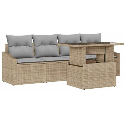 Image of vidaXL 5 Piece Garden Sofa Set with Cushions Beige Poly Rattan