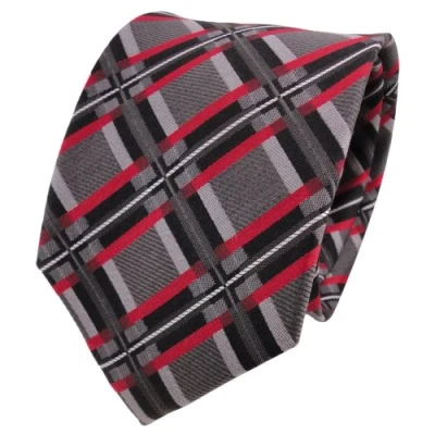 Image of TigerTie Designer silk tie gray anthracite red black squared necktie