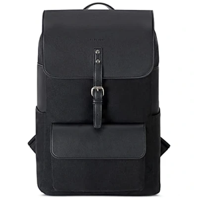 Image of Expatrié Backpack Women Cotton Canvas &amp; Vegan PU Leather Black Ella Daypack Large Rucksack Elegant Backpacks 15l Bag