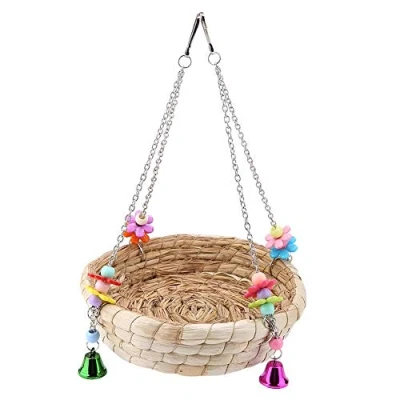 Image of HEEPDD Bird Nest Swing Bed Toy, Straw Woven Parrot Hanging Hammock with Bells for Parakeet Cockatiel Conure Budgie Canary Lovebird Finch