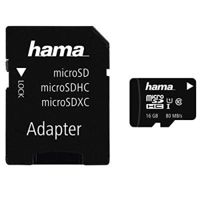 Image of Hama 124150 microSDHC 16GB UHS I Class1 C10 c/w Adapter (533x / 80 Mb/s), Black