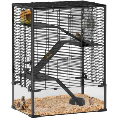 Image of PawHut Hamster Cage with Deep Tempered Glass Bottom, 4 Tiers Large Tank Hut, Running Wheel, Platforms, Ramps, Food Dish, Water Bottle, for Syrian, Dwarf, Rats, Gerbils, 60 x 40 80cm