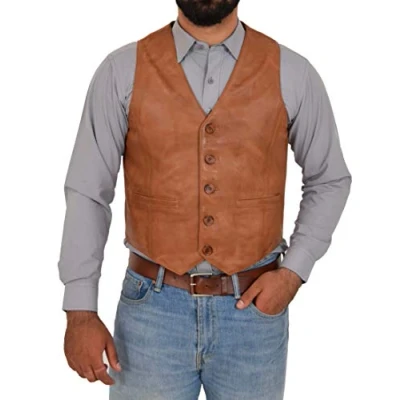 Image of Mens Real Leather Waistcoat Classic Style Vest Nick (XL, Tan)