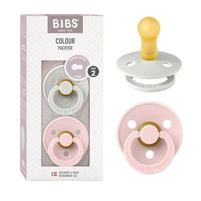 Image of BIBS Colour Soother 2 Pack, BPA Free Dummy Pacifier, Round Nipple. Natural Rubber Latex, Size (6 18 Months), Haze/Blossom