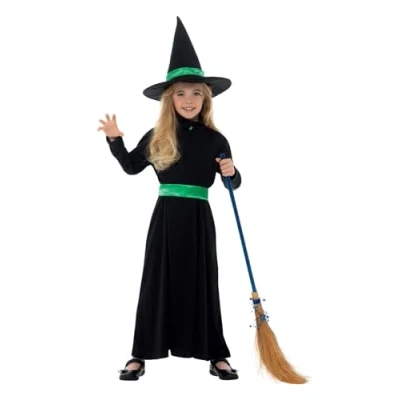 Image of Smiffys Wicked Witch Costume, Black with Dress, Belt &amp; Hat, Halloween Child Fancy Dress Up Costumes