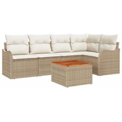 Image of vidaXL 6 Piece Garden Sofa Set with Cushions Beige Poly Rattan Acacia