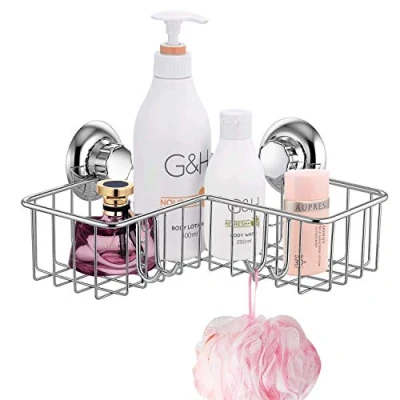 Image of MaxHold No Drilling/Suction Cup Deep Corner Storage Basket with 4 Hooks Vaccum System Stainless Steel Never Rust for Bathroom &amp; Kitchen