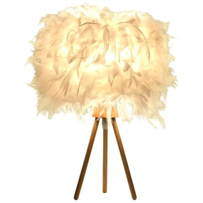 Image of White Feather Table Lamp Bedside with Triangle Wooden Base Light Desk Lampshade for Bedroom Lamp, Decorative Living Room