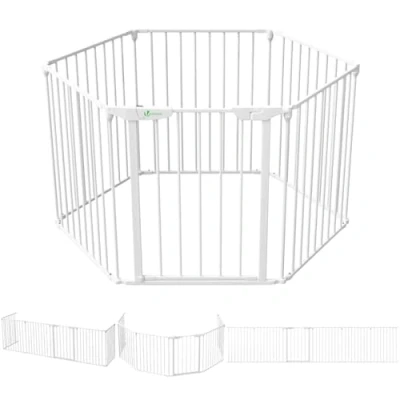 Image of VOUNOT 6 Panel Safety Barrier Fireplace Protection Foldable Metal Fire Guard Hearth Gate with Lockable Door, Playpen Multi Function Room Divider Pre Assembled 3.75M White