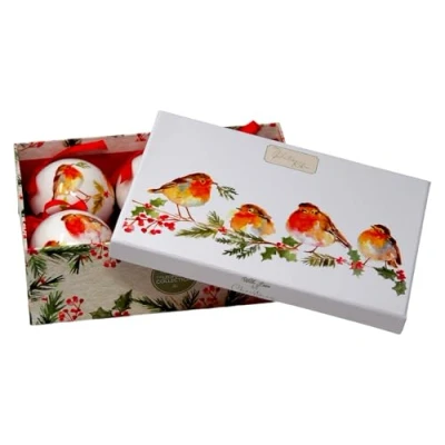 Image of Watercolor Robin Christmas Baubles Tree Ornaments In Gift Box Pack of 6