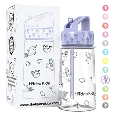 Image of HydroKids Water Bottle with Straw 400ml BPA Free Kids Bottles for School Travel Sports Leakproof Childrens Drink Girls Boys Childs
