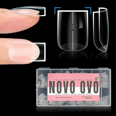 Image of NOVO OVO Straight Square Thick Short Natural Nail Tips Press on, No C Curve Sharp Soak Off Soft Gel Fake Extension, Full Cover False Nails for Acrylic French, Salon DIY x 15 Sizes 510 pcs
