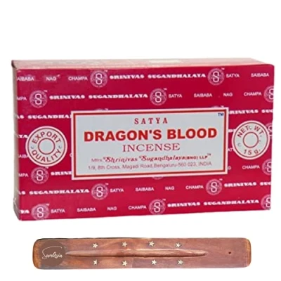 Image of Satya Nag Champa Dragons Blood incense sticks with SAMASIA holder Used for Aromatherapy, Spa, Yoga, Weddings, Meditation, Healing, Positivity and Relaxation (Pack of 12)