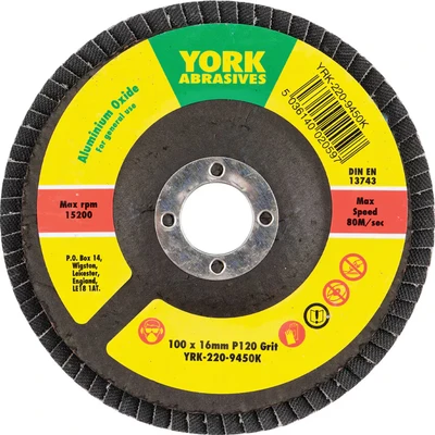 Image of 5x York 100 X 16MM Conical Flap Discs, Aluminium Oxide Fibre Backed P120