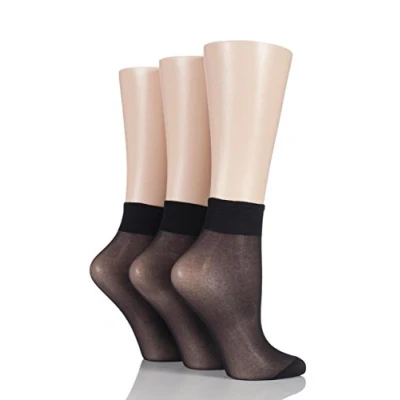 Image of 3 Pair Black 15 Denier 100% Nylon Ankle Highs Ladies 4 8 Elle