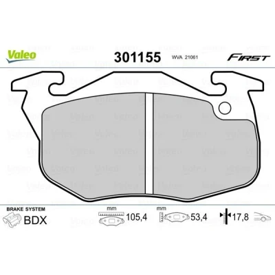 Image of 8671000105, 8671010045, 8671016172 Brake pad set VALEO 301155 FIRST Front Axle excl. wear warning contact without anti squeak plate