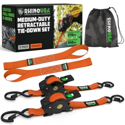 Image of Rhino USA Retractable Ratchet Tie Down Straps (2PK) 540kg Guaranteed Max Break Strength, Includes (2) Ultimate 2.5 cm x 3 m Autoretract Downs with Padded Handles Orange