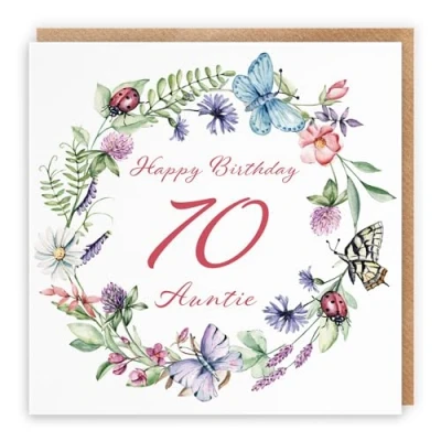 Image of Hunts England Auntie 70th Birthday Card Happy 70 Meadow Collection Flowers, Butterflies, Pretty