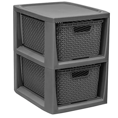 Image of Branq Home essential, Rattan Design BPA Free Plastic 2 Drawer Storage Unit, Ideal for Office, Bedroom and Bathroom Storage, 29.5 x 24 32.8 cm (LxWxH) Anthracite