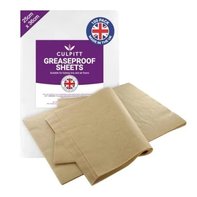Image of Culpitt Greaseproof Paper Sheets Kraft Brown 100 Pre Cut Parchment Baking For Baking, Freezing, Serving, Airfrying, Displaying Cookies, Cakes, Pastries, Sandwiches 25cm x 36cm