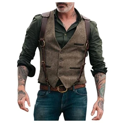Image of Mens Wool Blend Herringbone Tweed Suede Leather Suit Vests Western Cowboy Slim Fit Grooms Dress Vest Waistcoats, 3XL, Brown