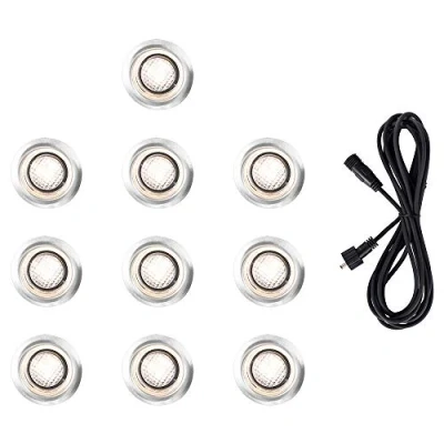 Image of MiniSun Pack of 10 40mm Warm White LED Round IP67 Rated Garden Decking/Kitchen Plinth Lights Kit Complete with a 3M Extension Cable