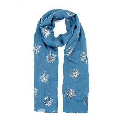 Image of London Scarfs Glitter Mulberry Trees Scarf Women Foil Printed Tree Fashion Ladies Wrap (Teal With Silver Foil)