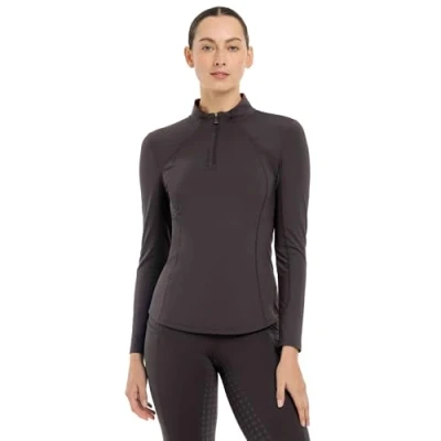 Image of LeMieux Base Layer Sweat Wicking Fabric Breathable Vented Under Arms 360 Stretch 50+ UV Protection Ultra Soft Seam Flat Lock Stitching Cinder UK10