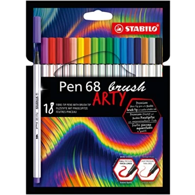 Image of Premium Fibre Tip Pen with brush STABILO 68 ARTY Pack of 18 Assorted Colours
