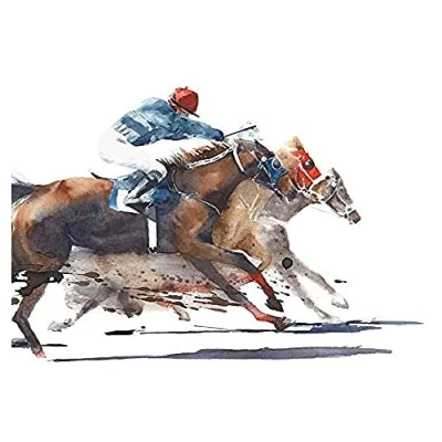 Image of Wee Blue Coo Racing Horses With Jockey Unframed Art Print Poster Wall Decor 12x16 inch
