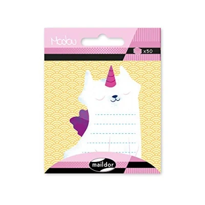 Image of Maildor Ref MI046C Modou Memos Unicorn Cat Design 50 Memo Stickers, Cut to Shape of Animal Design, Approximately 7 x 7cm, Low Adhesive for Removability