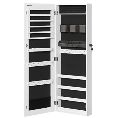 Image of SONGMICS Jewellery Cabinet Armoire, Lockable Wall Mounted Storage Organiser Unit with 2 Plastic Cosmetic Trays, Full Length Frameless Mirror, for Necklace Earring, White JJC001W01