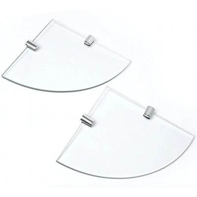 Image of BSM Marketing Set of Two Clear 200mm (7&quot; Approx) 6mm Thickness Toughened Glass Corner Shelves for Bathroom Bedroom Office with Chrome Finish Shelf Supports