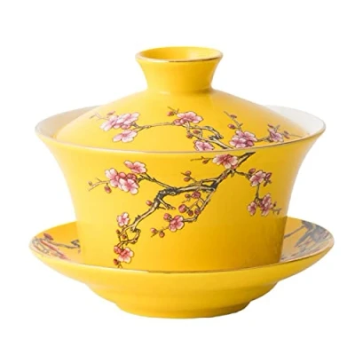 Image of Eplze YBK Tech 10oz Large Gaiwan, Porcelain Kung Fu Tea Cup and Saucer with Lid, Chinese Traditional Sancai Bowl Embossed Plum Patterns (Yellow)